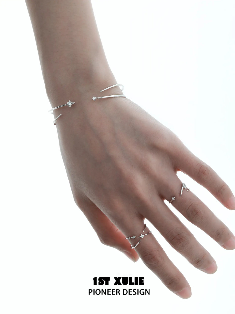 1ST XULIE "Star Trails" Celestial Four-Pointed Star Open Cuff Bangle in 925 Sterling Silver - On Model Close-Up