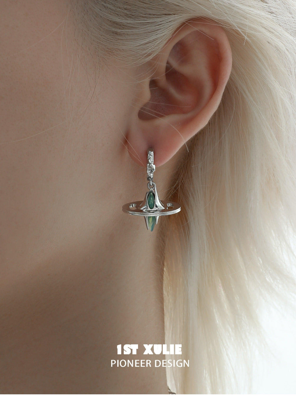 1ST XULIE "Star Trails" Statement Chunky Huggie Hoop Earrings in Platinum Plated - On Model