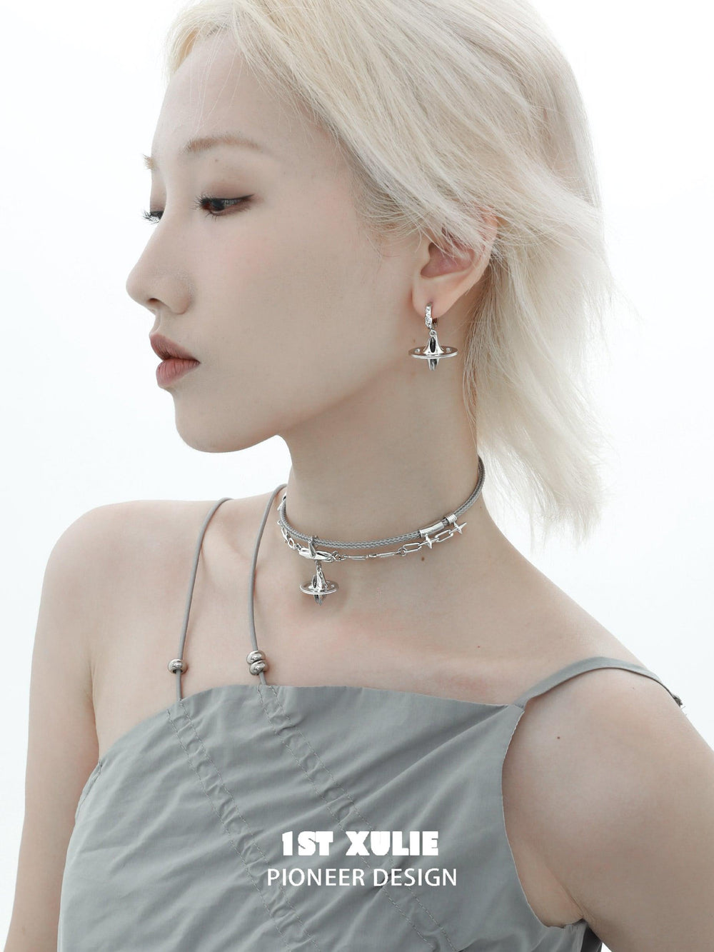 1ST XULIE "Star Trails" Statement Chunky Huggie Hoop Earrings in Platinum Plated - On Model Close Up