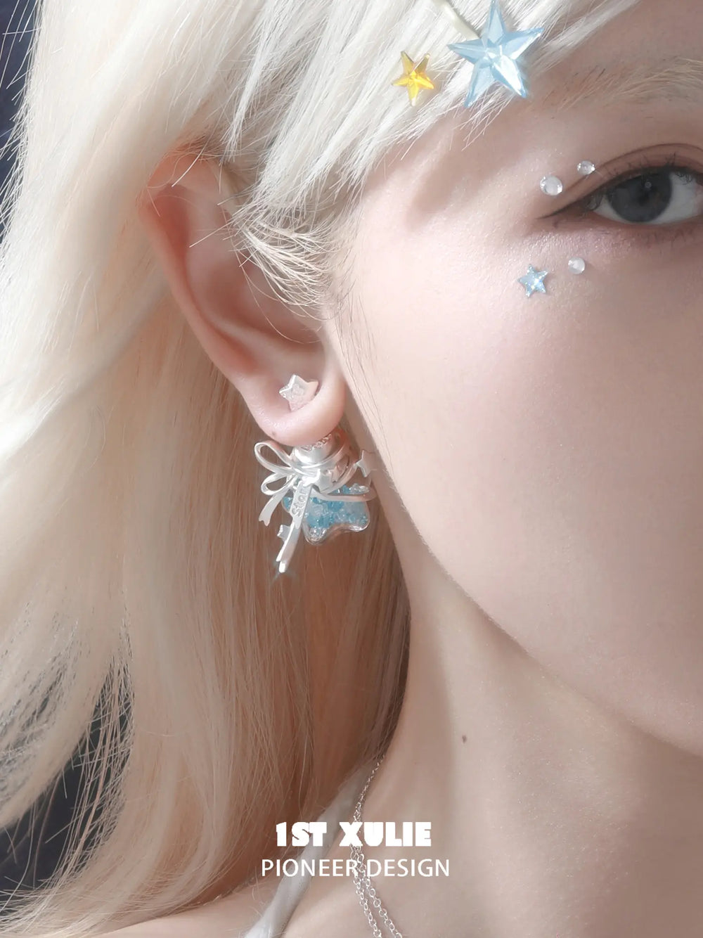 1ST XULIE Jewelry "WISHING STAR" Star Wishing Bottle Stud Earrings in Rhodium Plated - Detail Shot