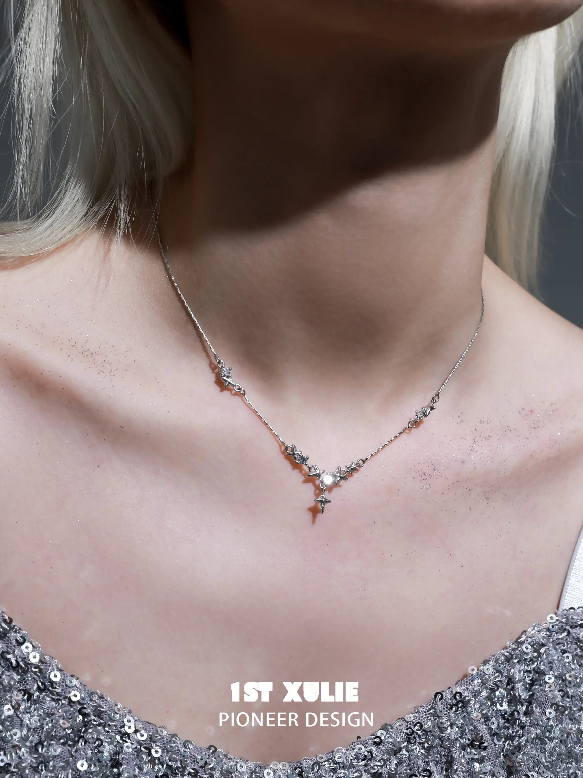 1ST XULIE "Silver Angel" Minimalist Stardust Layered Choker Necklace in 925 Sterling Silver - Clasp Detail 1ST XULIE "Silver Angel" Minimalist Stardust Layered Choker Necklace in 925 Sterling Silver - Clasp Detail
