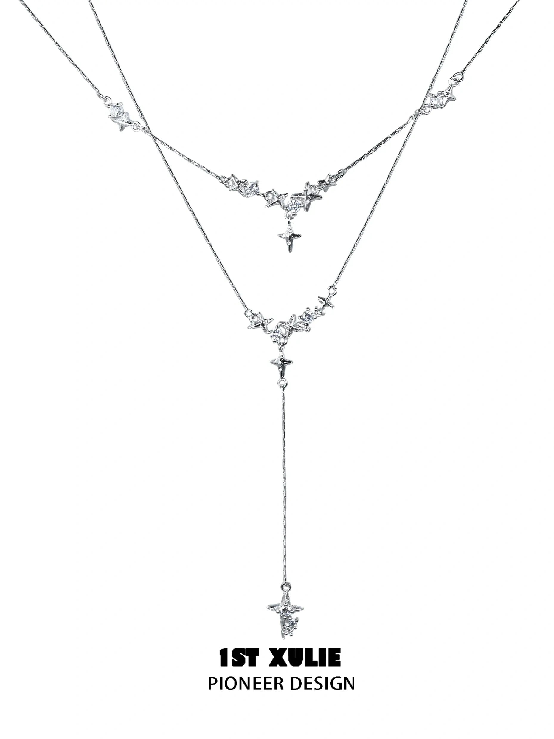 1ST XULIE "Silver Angel" Minimalist Stardust Layered Choker Necklace in 925 Sterling Silver - Detail Shot 1ST XULIE "Silver Angel" Minimalist Stardust Layered Choker Necklace in 925 Sterling Silver - Detail Shot