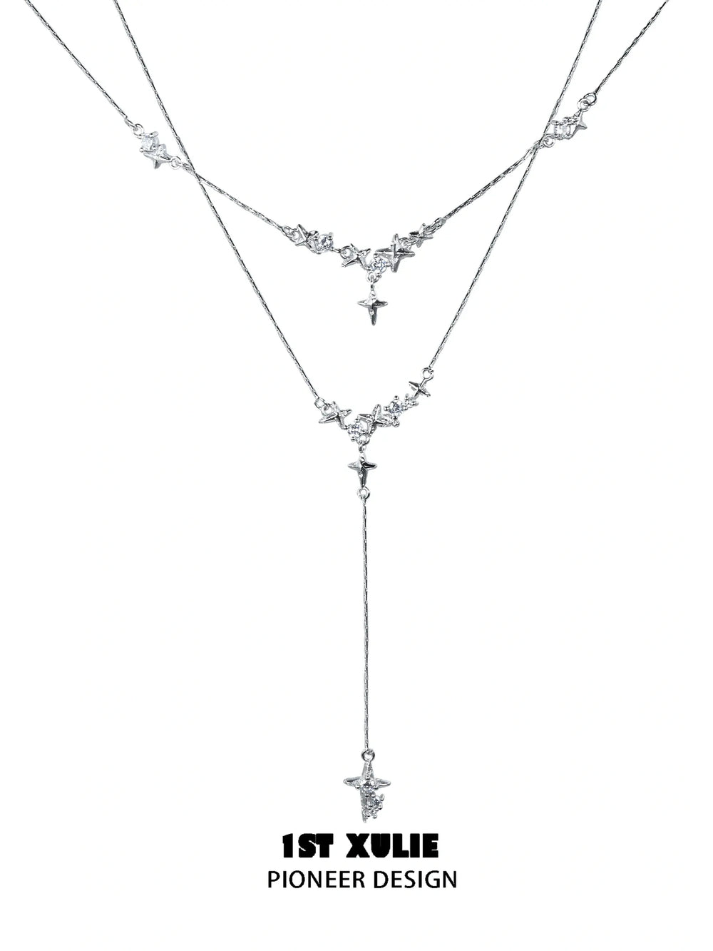 1ST XULIE "Silver Angel" Minimalist Stardust Layered Choker Necklace in 925 Sterling Silver - Detail Shot