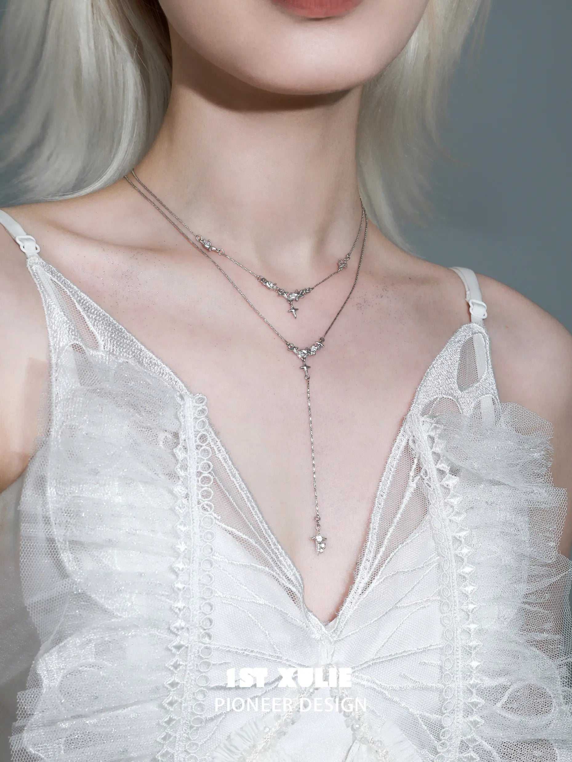 1ST XULIE "Silver Angel" Minimalist Stardust Layered Choker Necklace in 925 Sterling Silver - Product View 1ST XULIE "Silver Angel" Minimalist Stardust Layered Choker Necklace in 925 Sterling Silver - Product View