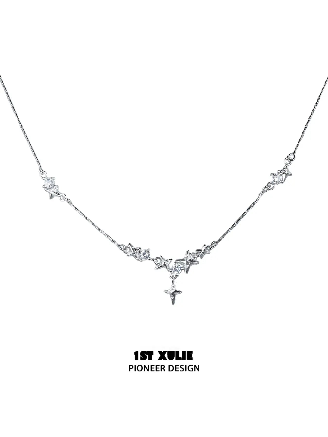 1ST XULIE "Silver Angel" Minimalist Stardust Layered Choker Necklace in 925 Sterling Silver - On Model 1ST XULIE "Silver Angel" Minimalist Stardust Layered Choker Necklace in 925 Sterling Silver - On Model