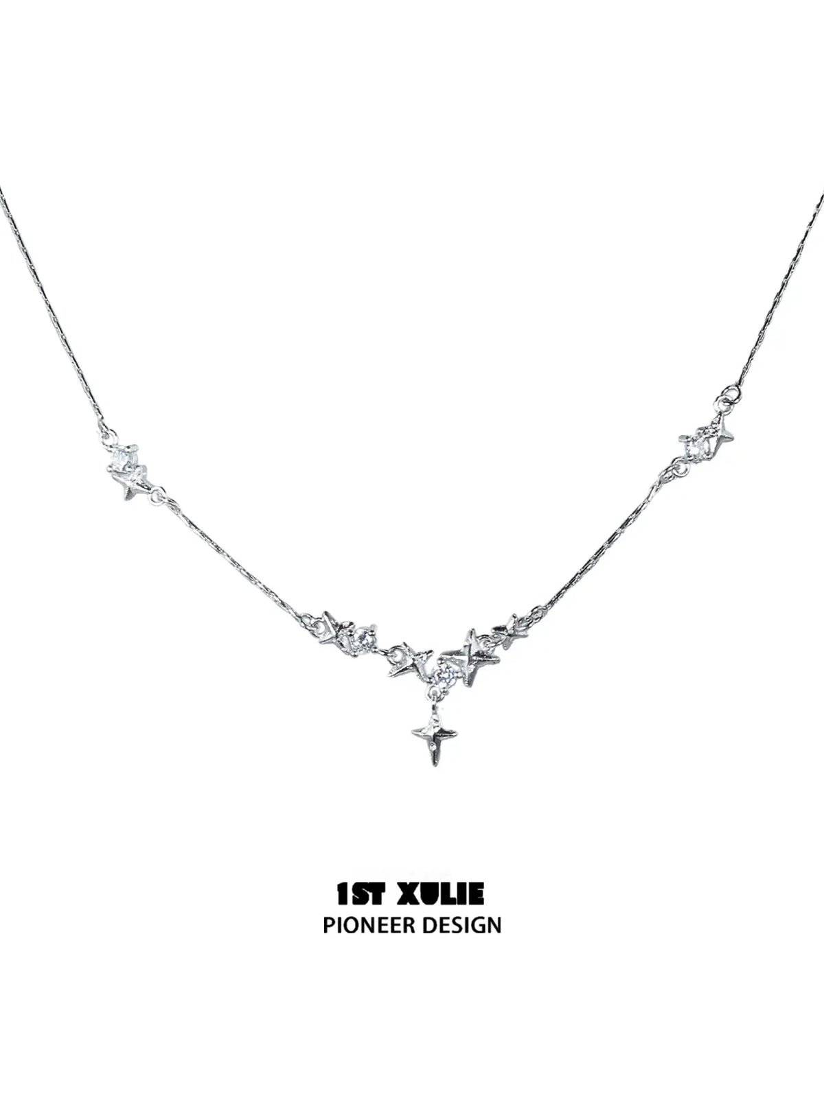 1ST XULIE "Silver Angel" Minimalist Stardust Layered Choker Necklace in 925 Sterling Silver - On Model