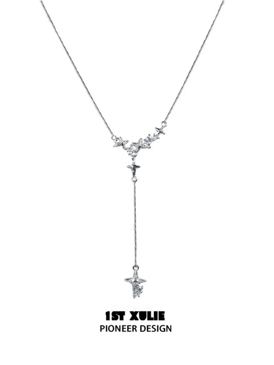 1ST XULIE "Silver Angel" Minimalist Stardust Layered Choker Necklace in 925 Sterling Silver - On Model Style Shot