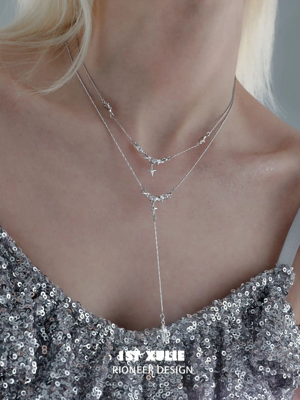 1ST XULIE "Silver Angel" Minimalist Stardust Layered Choker Necklace in 925 Sterling Silver - Full Product View