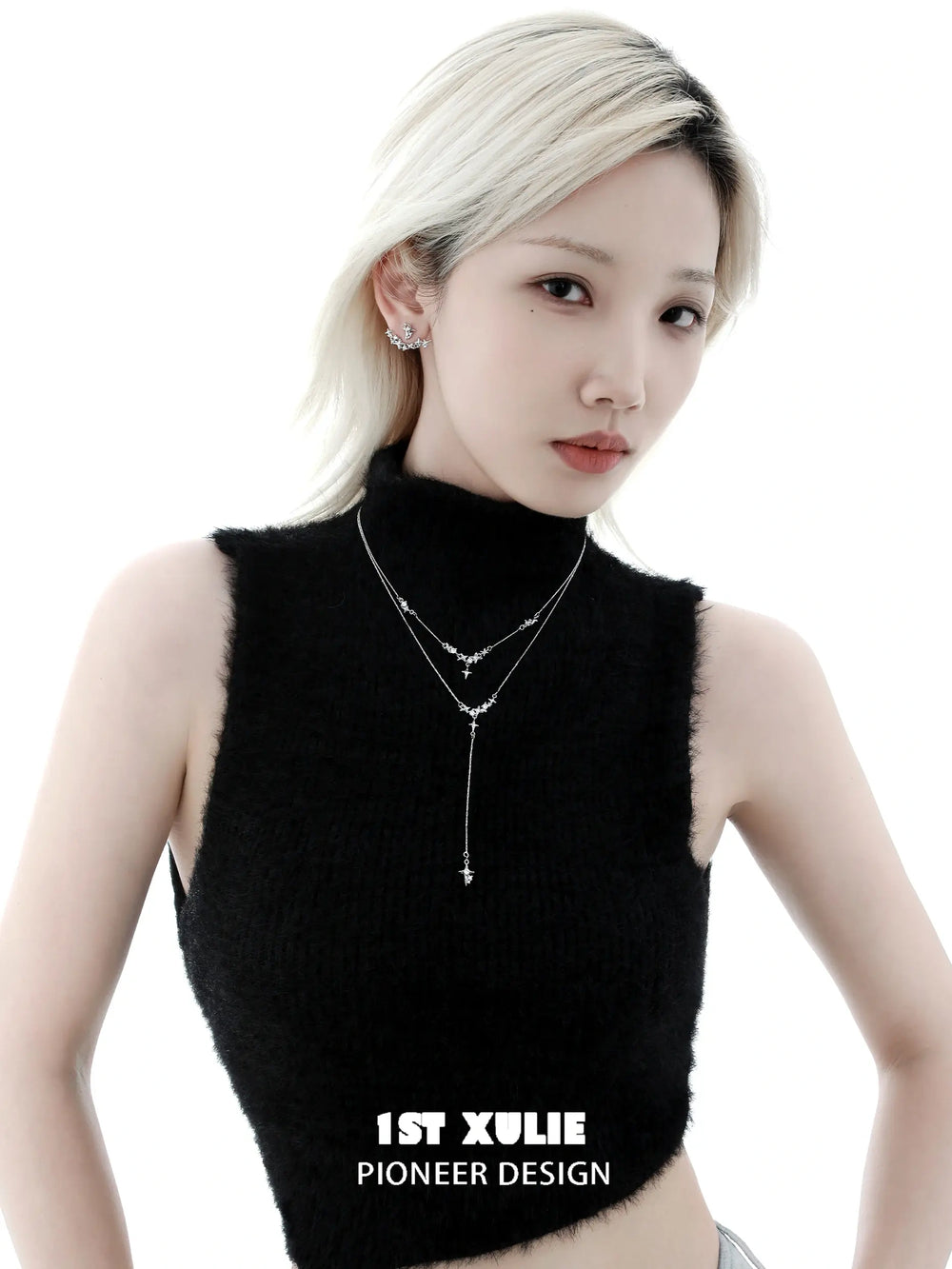 1ST XULIE "Silver Angel" Minimalist Stardust Layered Choker Necklace in 925 Sterling Silver - Zirconia Texture Shot