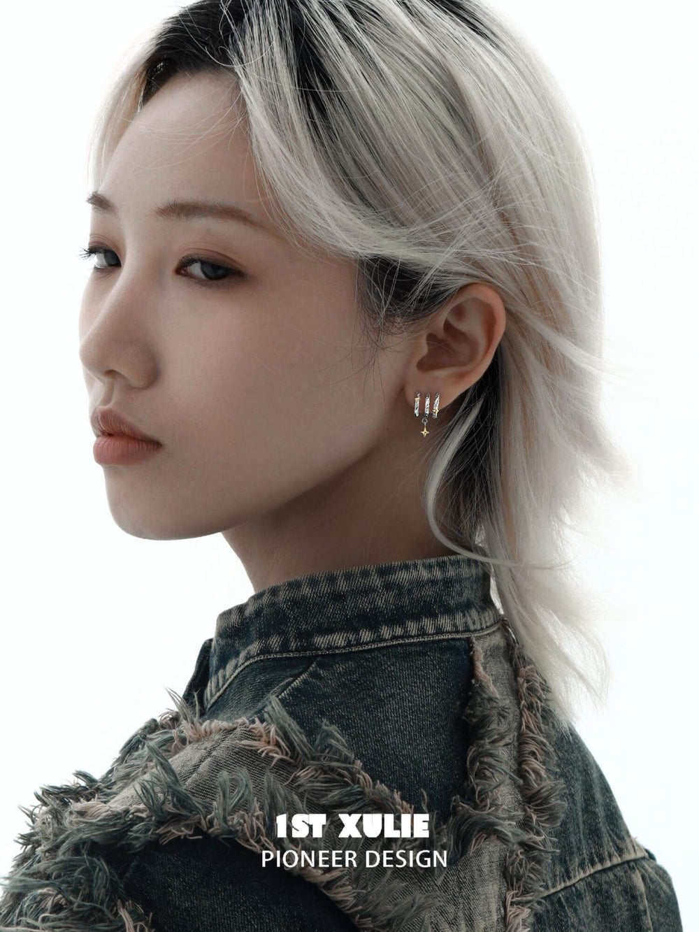 1ST XULIE "Starfall" Celestial Meteorite Stud Earrings in Platinum & Gold - Lifestyle Shot