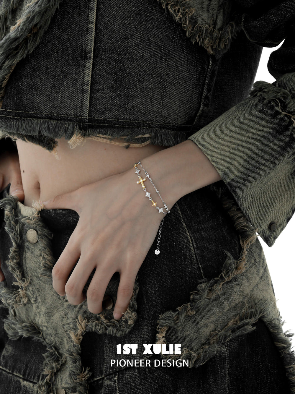 1ST XULIE "Starfall" Celestial Meteor Couples Chain Bracelet in 925 Silver and Platinum Plate - On Model Close-Up