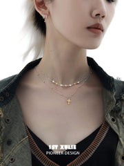 1ST XULIE "Starfall" Textured Meteor Pendant Choker Necklace in 925 Sterling Silver - Angled Product View