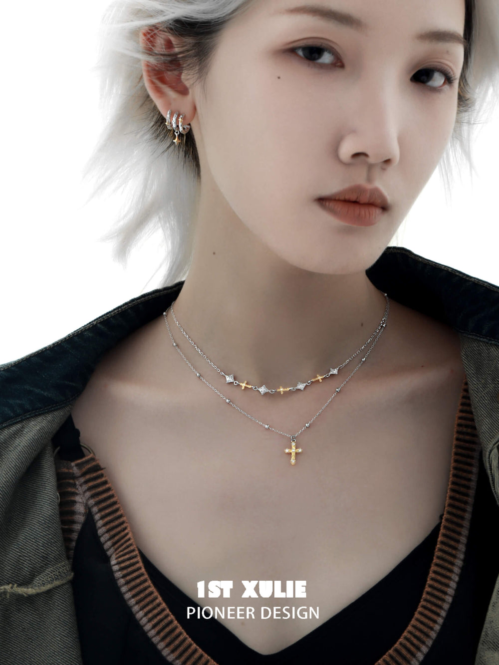 1ST XULIE "Starfall" Textured Meteor Pendant Choker Necklace in 925 Sterling Silver - Side View