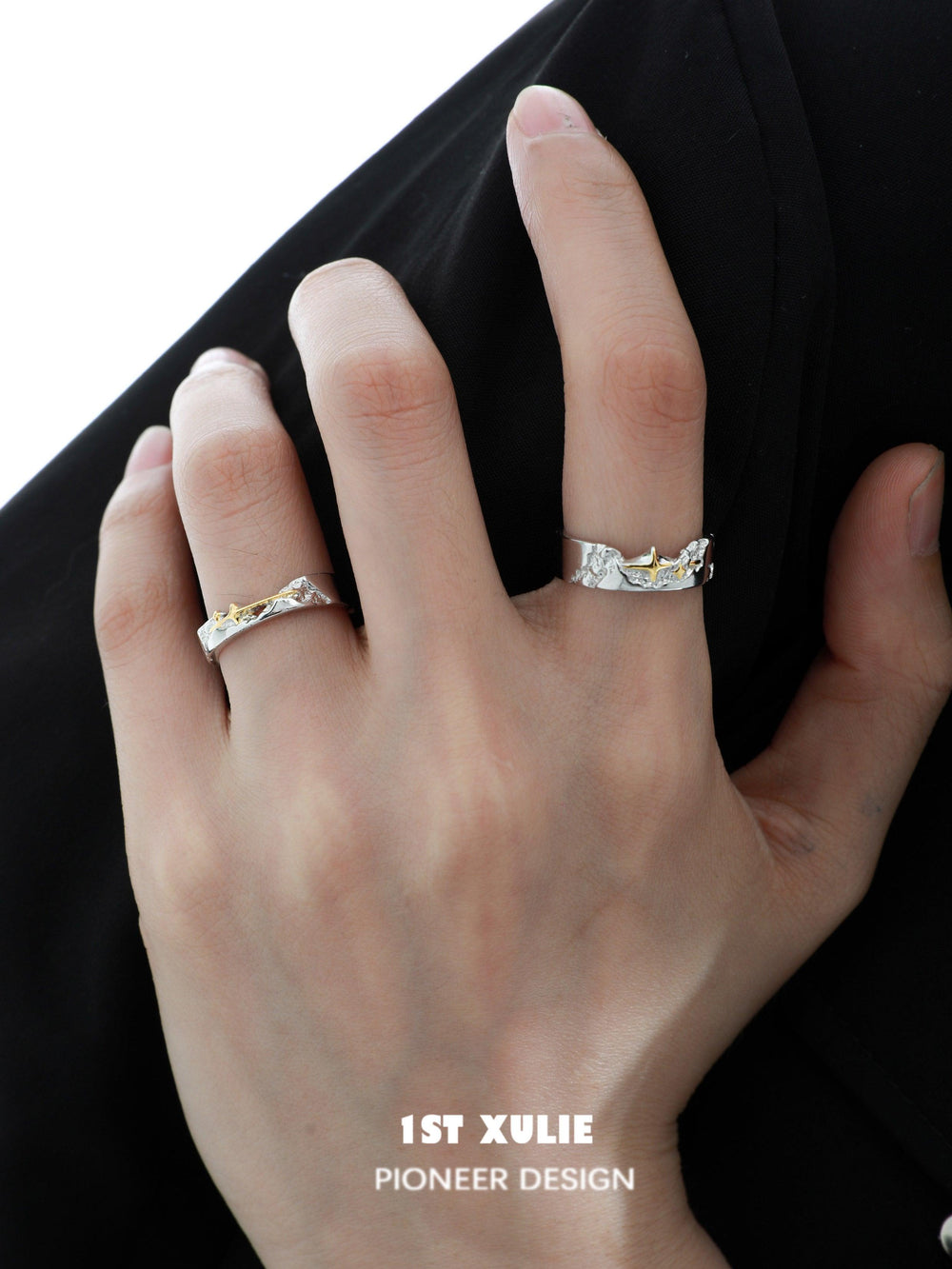 1ST XULIE "Starfall" Meteorite Couple's Rings in 925 Sterling Silver - Angled Product View