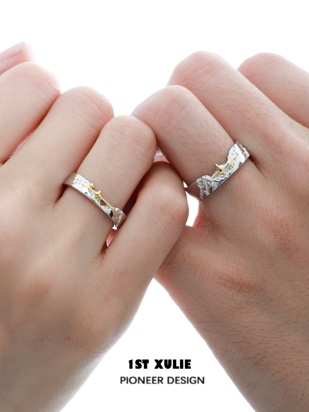 1ST XULIE "Starfall" Meteorite Couple's Rings in 925 Sterling Silver - On Model Close-Up