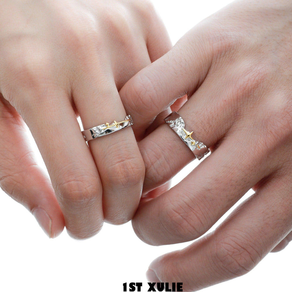 1ST XULIE "Starfall" Meteorite Couple's Rings in 925 Sterling Silver - On Model Couple Shot