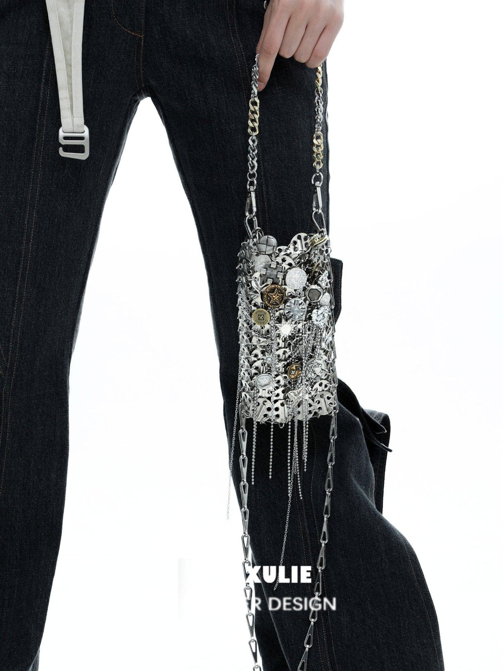 1ST XULIE "Starfall" Textured Meteorite Crossbody Phone Bag in Rhodium Plating - Lifestyle Shot