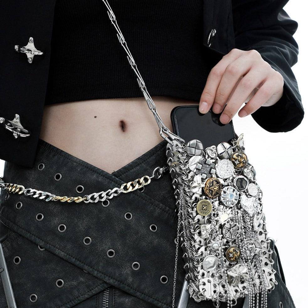 1ST XULIE "Starfall" Textured Meteorite Crossbody Phone Bag in Rhodium Plating - On Model