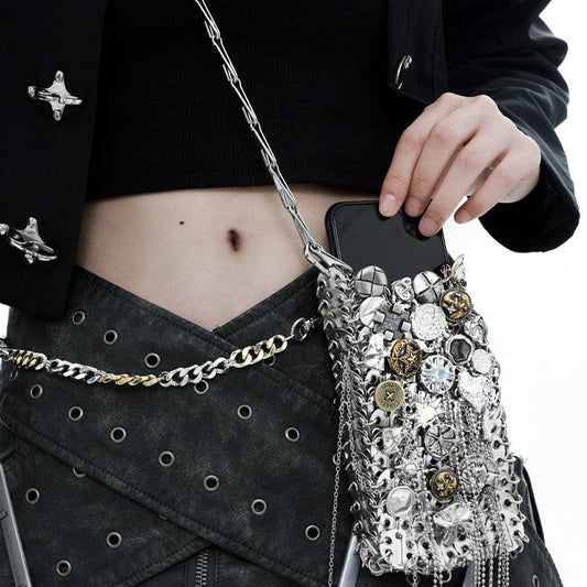 1ST XULIE "Starfall" Textured Meteorite Crossbody Phone Bag in Rhodium Plating - On Model
