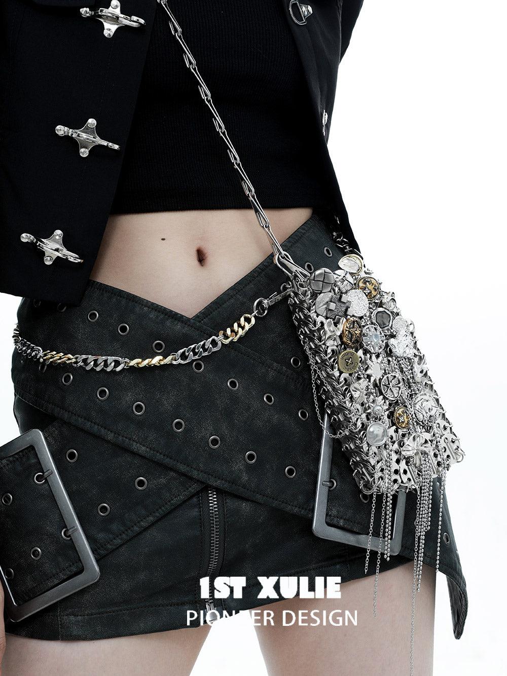 1ST XULIE "Starfall" Textured Meteorite Crossbody Phone Bag in Rhodium Plating - On Model Close-up