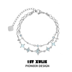 1ST XULIE "Starry Night" Dainty Double Layered Charm Bracelet in 925 Sterling Silver - Detail Shot