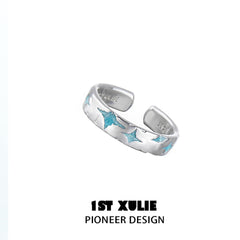 1ST XULIE "Starry Night" Celestial Sun and Moon Adjustable Open Ring in 925 Sterling Silver - Texture Detail