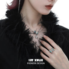 1ST XULIE "Butterfly Wasteland" Statement Abalone Shell Butterfly Necklace in Platinum Plated & Titanium Steel - Angled View