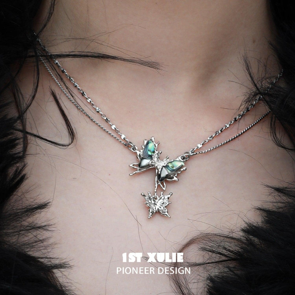 1ST XULIE "Butterfly Wasteland" Statement Abalone Shell Butterfly Necklace in Platinum Plated & Titanium Steel - On Model