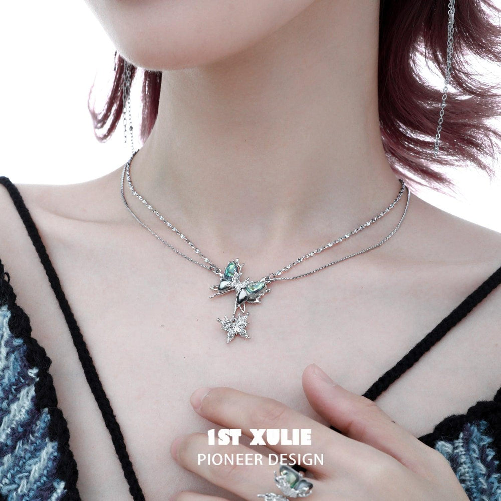 1ST XULIE "Butterfly Wasteland" Statement Abalone Shell Butterfly Necklace in Platinum Plated & Titanium Steel - On Model Close Up