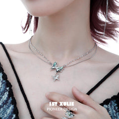 1ST XULIE "Butterfly Wasteland" Statement Abalone Shell Butterfly Necklace in Platinum Plated & Titanium Steel - On Model Close Up