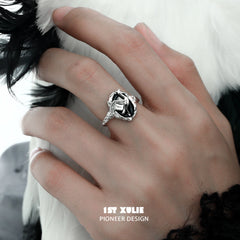 1ST XULIE "Soaring Cranes" Statement Adjustable Crane Ring in 925 Sterling Silver - Side View