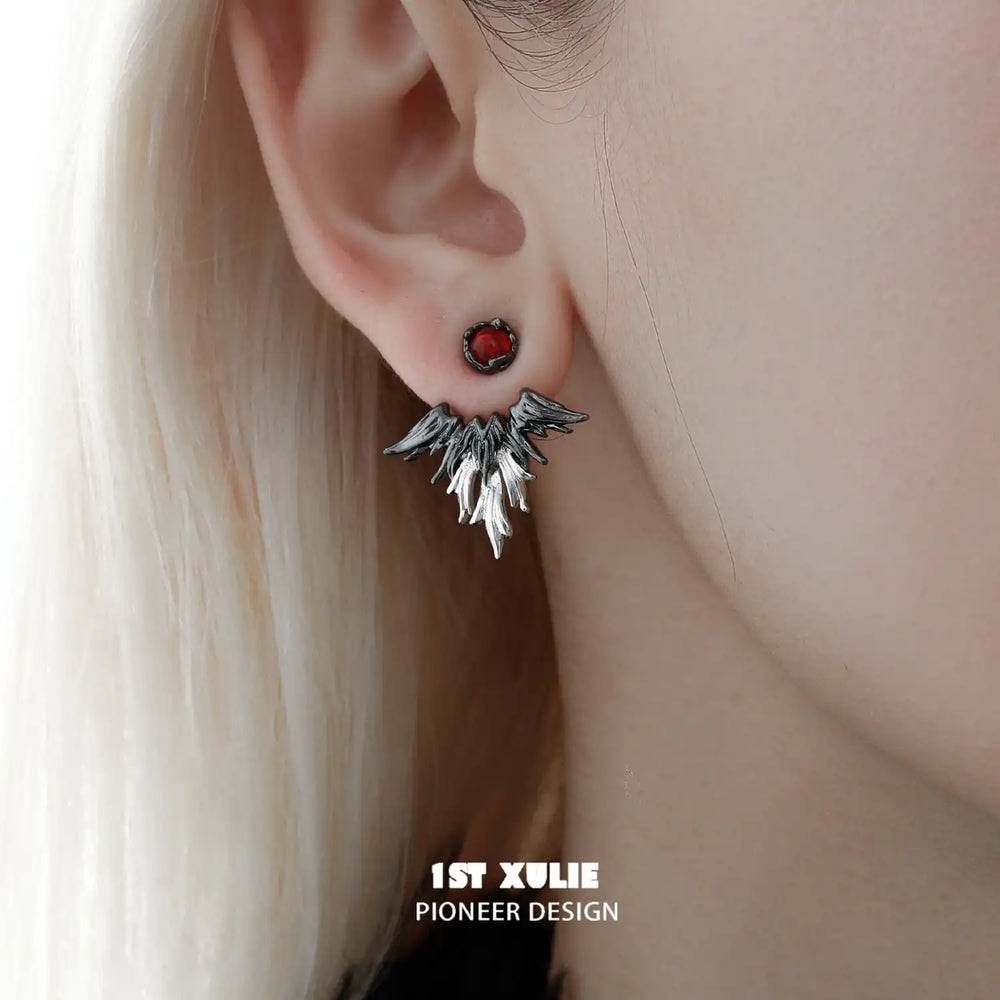 1ST XULIE "Lucifer" Statement Angel Wing Cherub Stud Earrings in Platinum Plated - Angled Product View