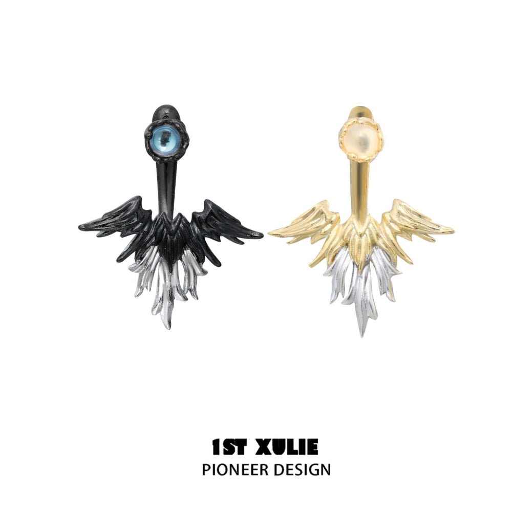 1ST XULIE "Lucifer" Statement Angel Wing Cherub Stud Earrings in Platinum Plated - Product View
