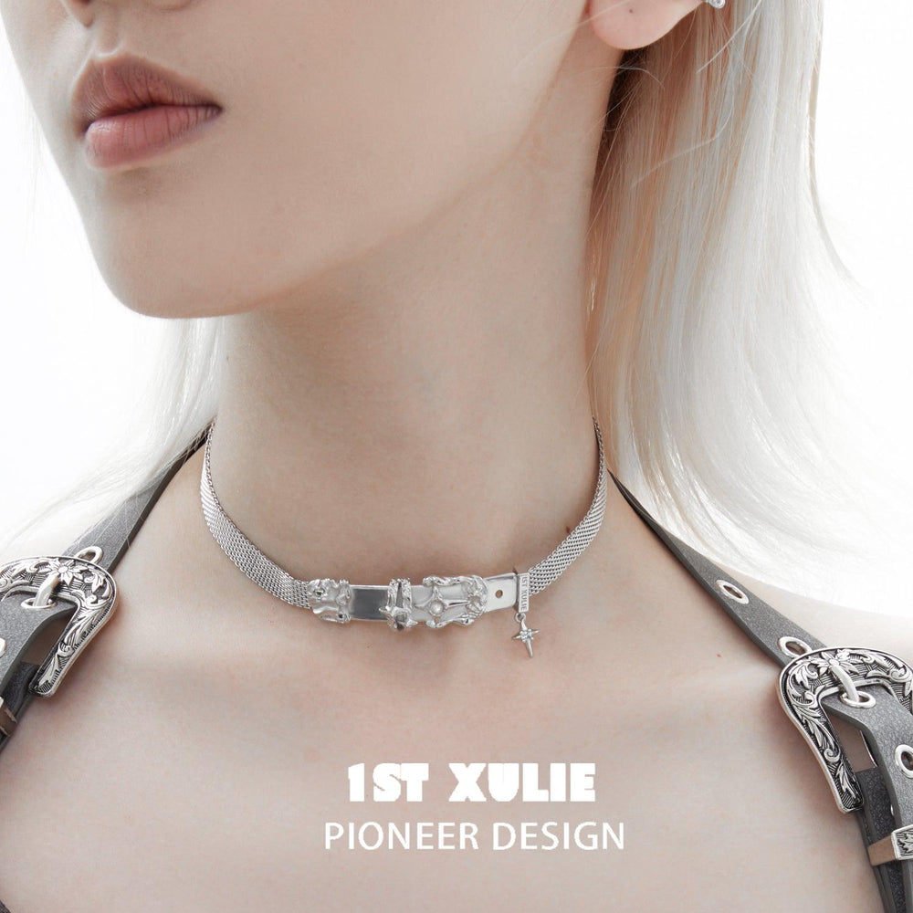 1ST XULIE "Star Trails" Statement Belt Buckle Collar Choker in Platinum Plated - Product View