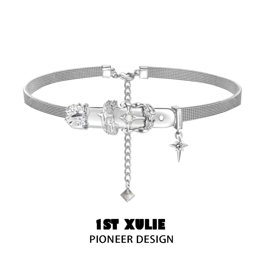 1ST XULIE "Star Trails" Statement Belt Buckle Collar Choker in Platinum Plated - On Model Detail Shot