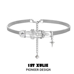 1ST XULIE "Star Trails" Statement Belt Buckle Collar Choker in Platinum Plated - On Model Detail Shot