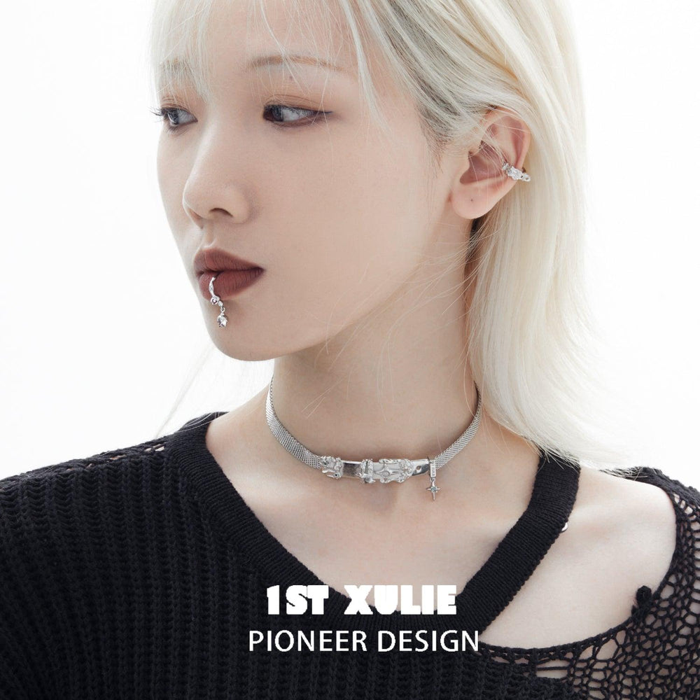 1ST XULIE "Star Trails" Statement Belt Buckle Collar Choker in Platinum Plated - Side View on Model