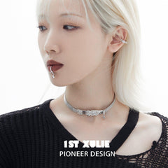 1ST XULIE "Star Trails" Statement Belt Buckle Collar Choker in Platinum Plated - Side View on Model