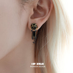 1ST XULIE "Lucky Cat" Statement Black Cat Stud Earrings in 18K Gold Plated - Side View