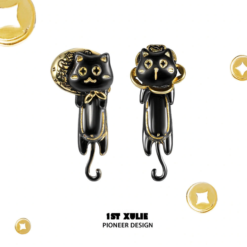 1ST XULIE "Lucky Cat" Statement Black Cat Stud Earrings in 18K Gold Plated - Product View