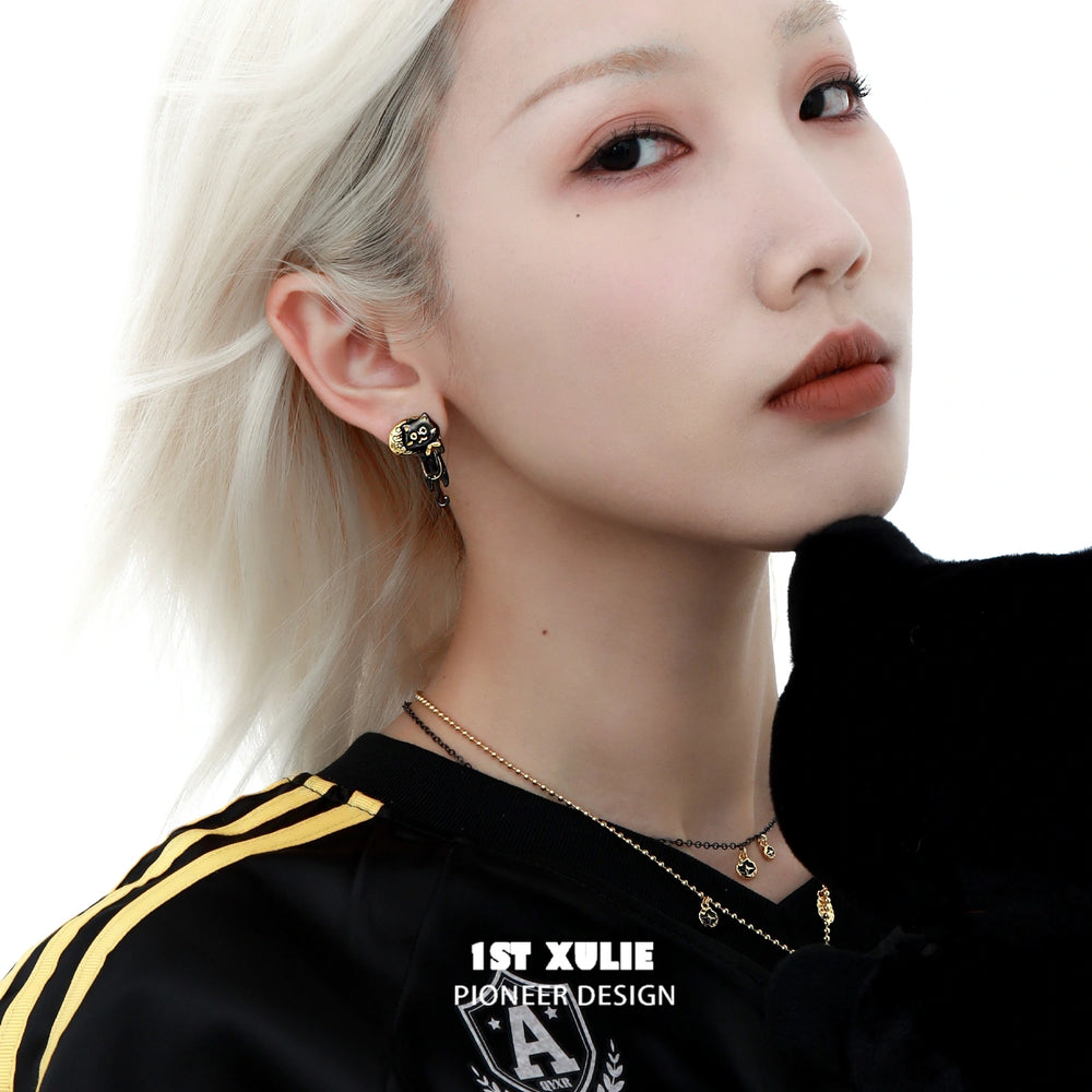 1ST XULIE "Lucky Cat" Statement Black Cat Stud Earrings in 18K Gold Plated - Product View of Pair