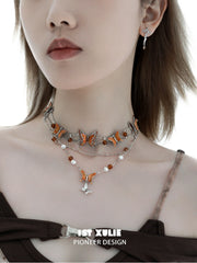 1ST XULIE "Autumn" Statement Butterfly Layered Necklace in Platinum Plated Brass - Angle View 1
