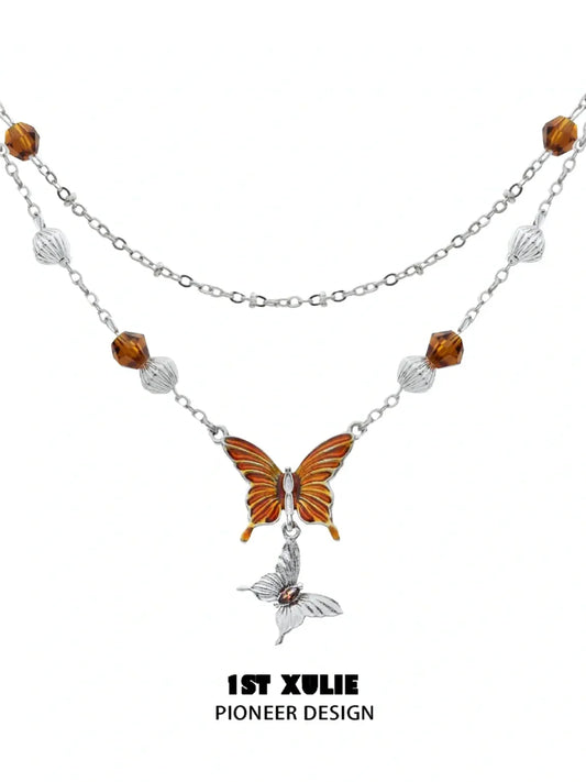 1ST XULIE "Autumn" Statement Butterfly Layered Necklace in Platinum Plated Brass - Detail Shot