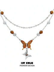 1ST XULIE "Autumn" Statement Butterfly Layered Necklace in Platinum Plated Brass - Detail Shot