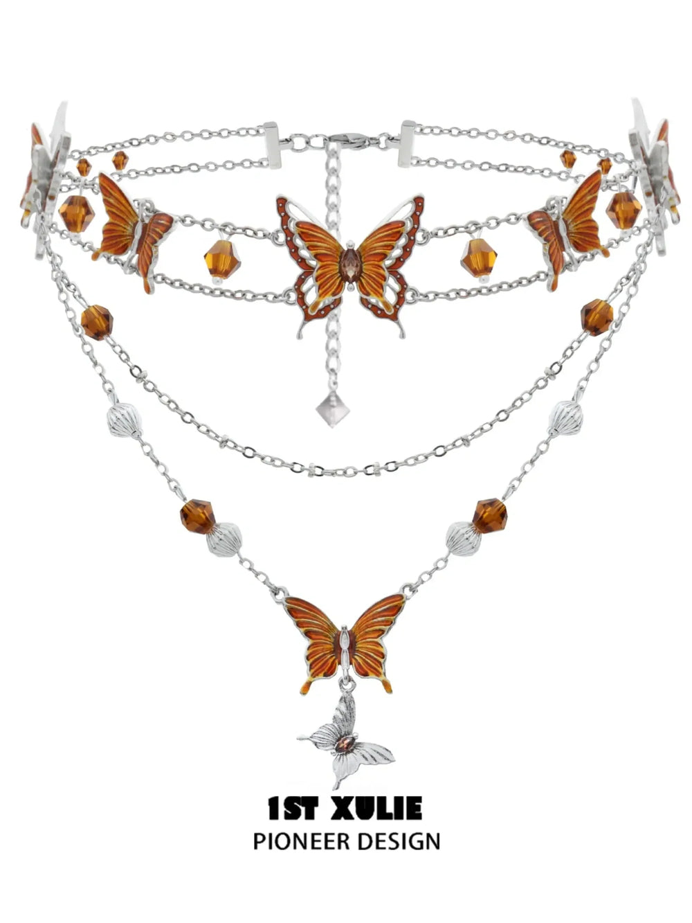 1ST XULIE "Autumn" Statement Butterfly Layered Necklace in Platinum Plated Brass - Product View