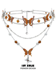 1ST XULIE "Autumn" Statement Butterfly Layered Necklace in Platinum Plated Brass - Product View