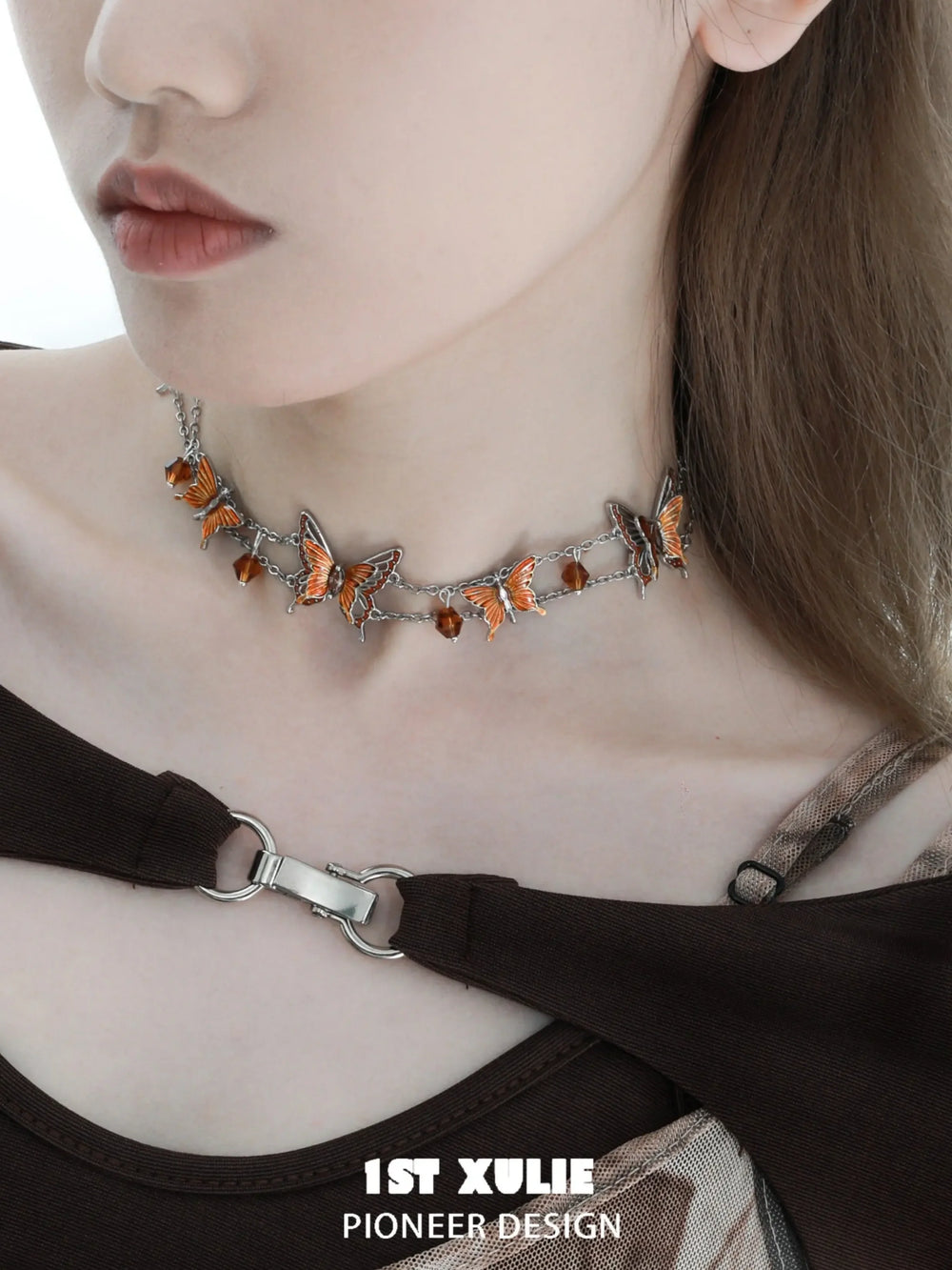 1ST XULIE "Autumn" Statement Butterfly Layered Necklace in Platinum Plated Brass - Side View