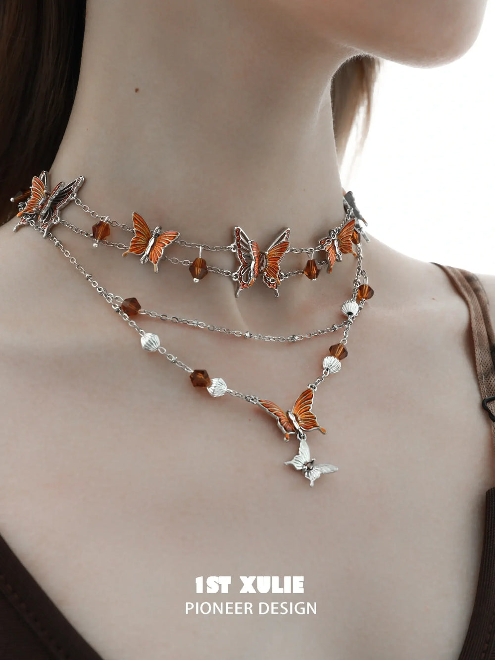 1ST XULIE "Autumn" Statement Butterfly Layered Necklace in Platinum Plated Brass - Texture Detail