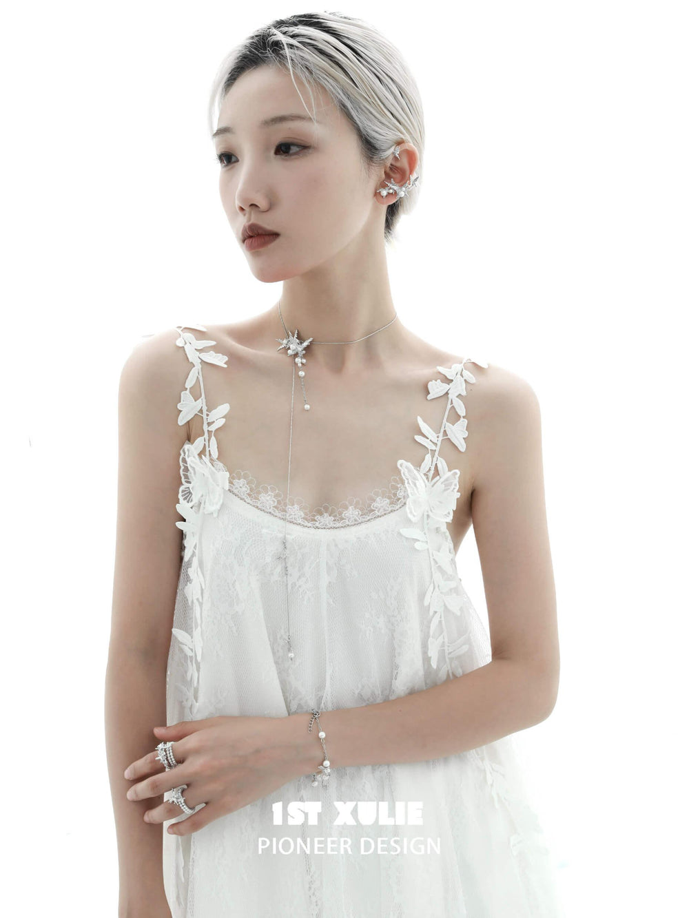 1ST XULIE "Whiterfly" Statement Butterfly Pearl Ear Wraps in Platinum Plated - Side View