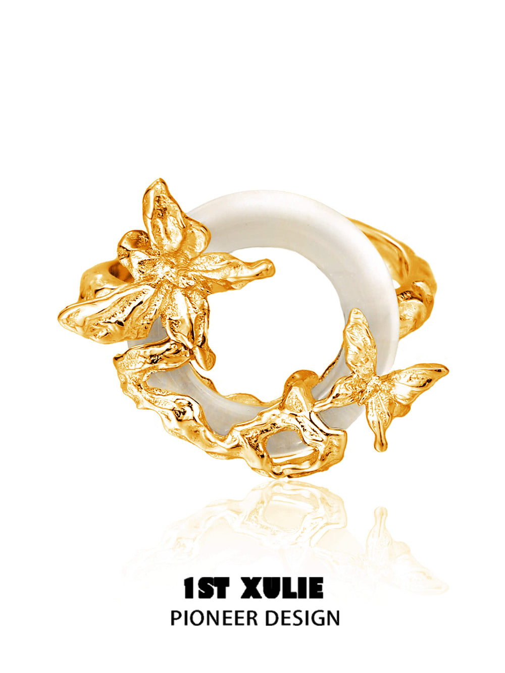 1ST XULIE "Whiterfly" Statement Butterfly White Onyx Adjustable Ring in 925 Sterling Silver & 24k Gold Plate - Product View
